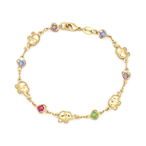 Introducing the Good Luck Elephant Bracelet with Multicolor Birthstones, crafted from gold-filled material and featuring alternating elephant charms and vibrant heart-shaped birthstones. This exquisite piece is elegantly fastened with a lobster clasp closure. Choose your perfect size for a personalized fit.